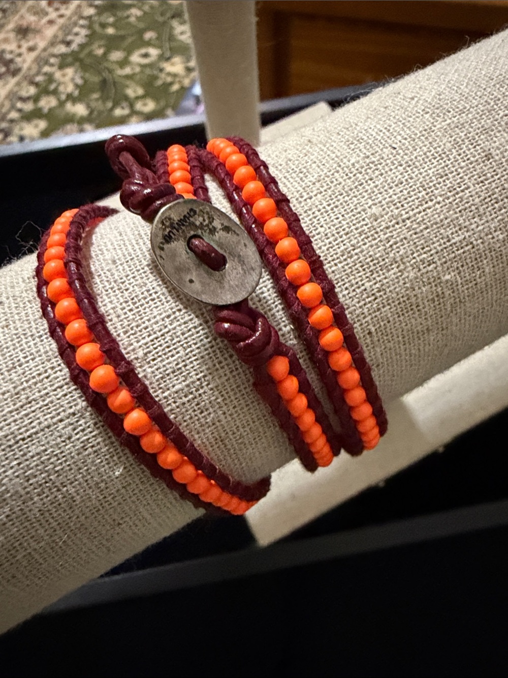 Chan Luu Orange Beaded Wrap Bracelet on Burgundy Cord